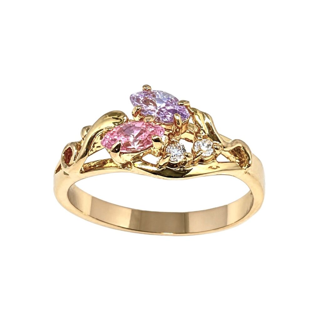 Vintage 1970s Ring Size 5 Pink Purple CZ Marquise Cluster Gold Plated - 14L